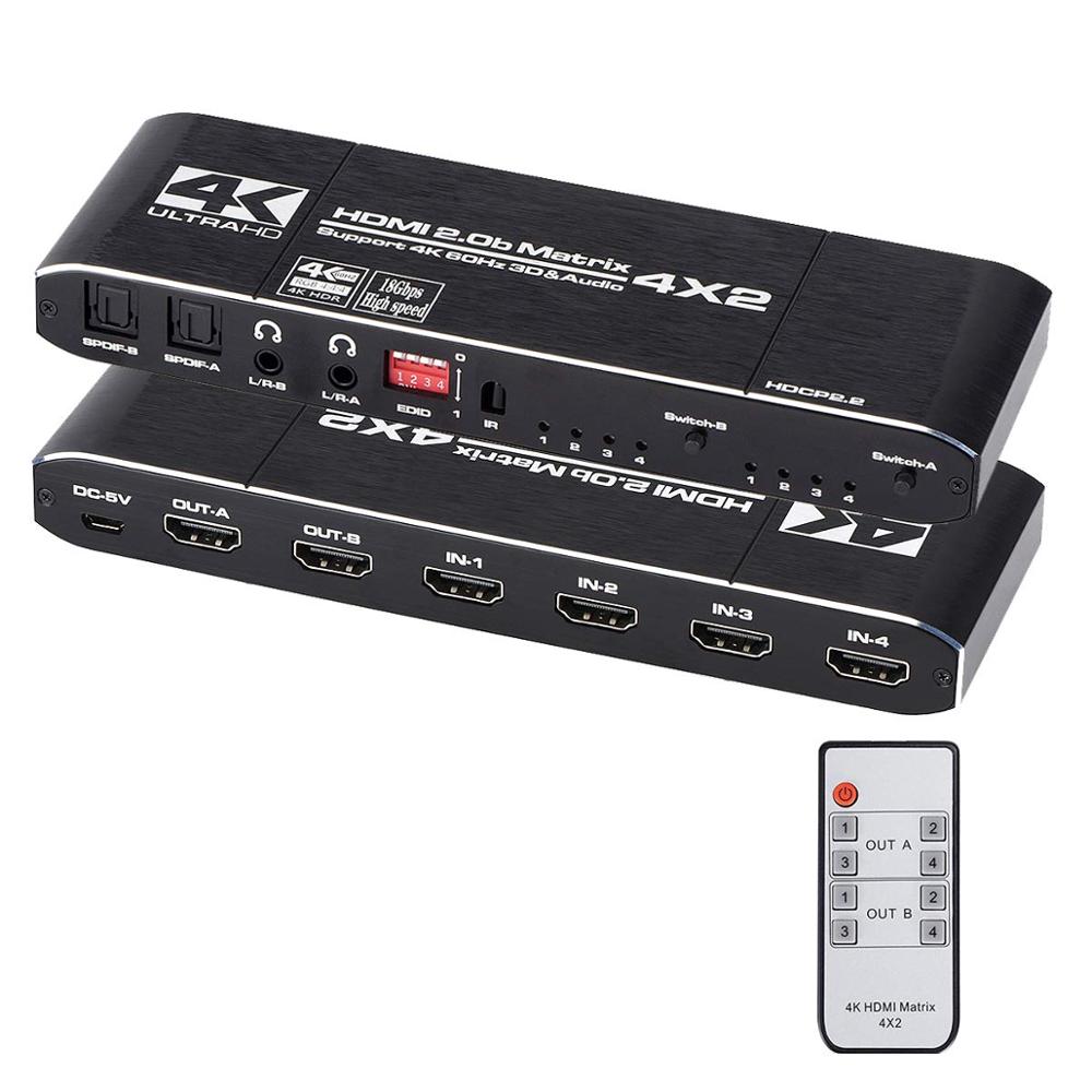 18 Gbps HDMI 2.0 Matrix 4x2 4K@60Hz HDMI Switcher Splitter with SPDIF and L/R 3.5mm HDR HDMI Switch 4x2 Support HDCP 2.2 3D