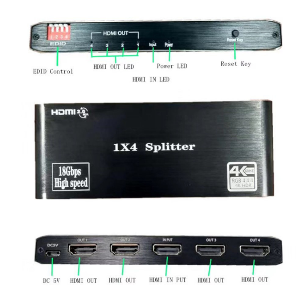 1x4 HDMI 2.0 Splitter 4K 4 Way HDMI Divisor Splitter 1 in 4 out HDMI2.0, HDCP2.2 4Kx2K@60Hz with EDID Switches
