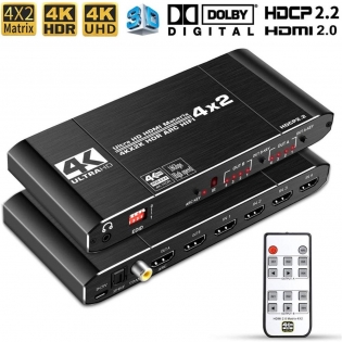 HDMI 2.0 Matrix 4x2 4K @ 60Hz HDR HDCP2.2 Switch Splitter 4 in 2 out YUV 4：4：4 Optical SPDIF + 3.5mm jack Audio Extractor HDMI Switcher