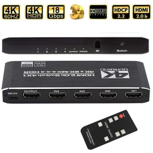 4K@60Hz HDMI 2.0b Switch 4x1,  4 in 1 Out 4K HDMI Switcher with IR Remote Support Auto-Switch, HDR, HDCP 2.2, Dolby Vision, 1080P / 3D for PS4 Pro, Xbox, Fire TV, App1e TV