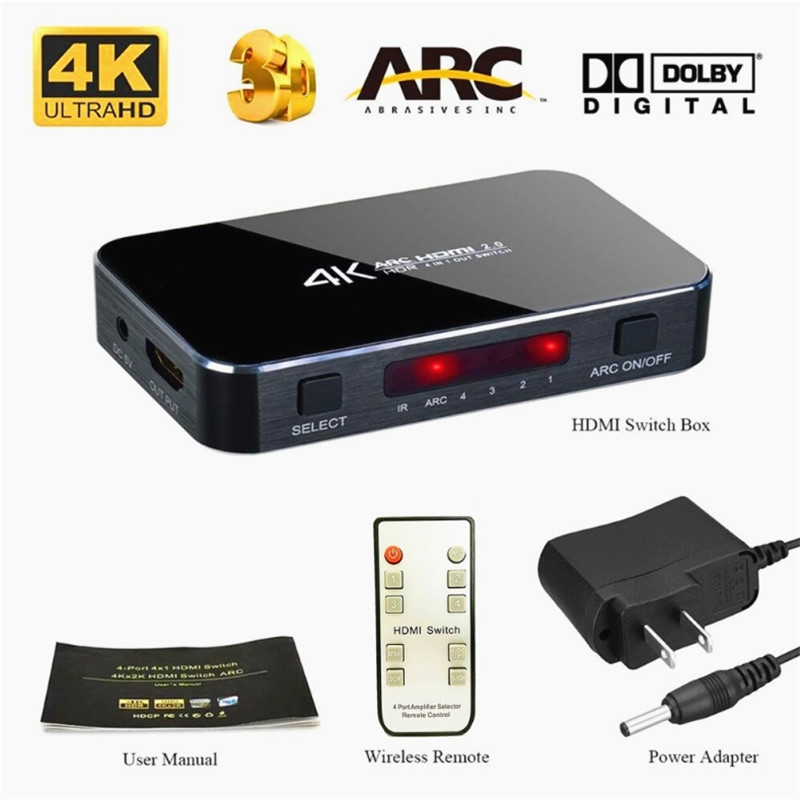 HDMI2.0 4 in 1 out Switcher Remote Control Switch with Audio Separation Support ARC HDCP 4K 60Hz HDMI Connector
