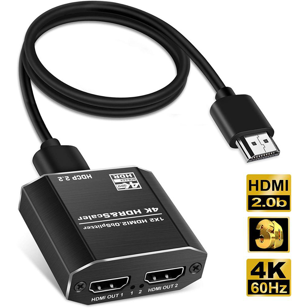 4K 60Hz HDMI2.0 Splitter 1x2 1 In 2 Out HDMI Splitter Support EDID / 3D / HDCP2.2 / HDR