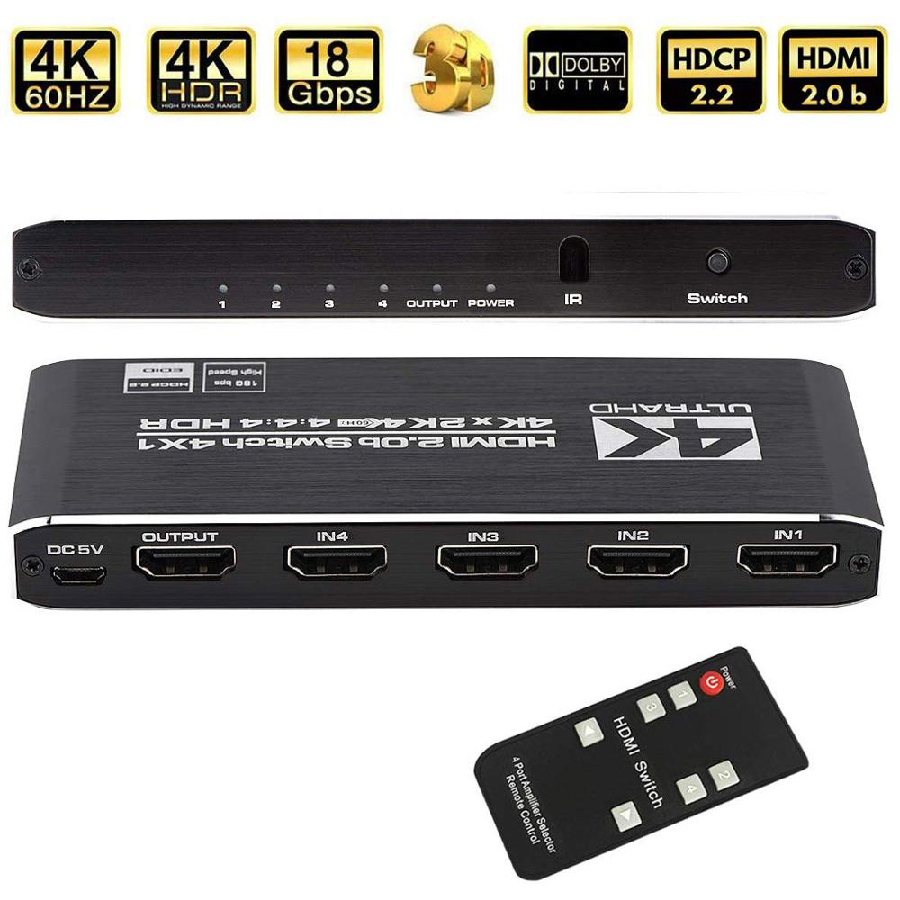 4K@60Hz HDMI 2.0b Switch 4x1, 4 in 1 Out 4K HDMI Switcher with IR Remote Support Auto-Switch, HDR, HDCP 2.2, Dolby Vision, 1080P 