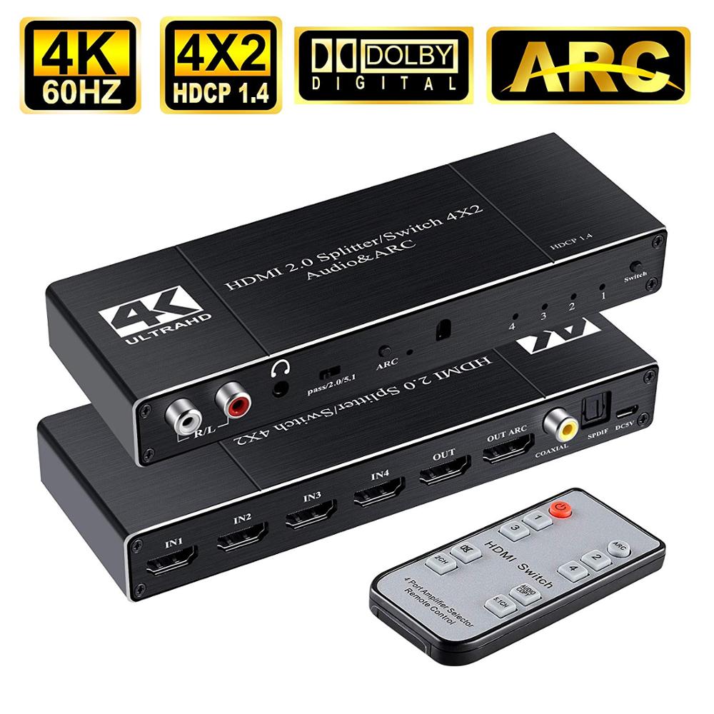 4x2 HDMI2.0 Audio & ARC Switch 4 in 2 out HDMI Switcher Splitter Hub with 3.5mm L/R Coaxial Optical Port 4K@60Hz Full HD 3D 