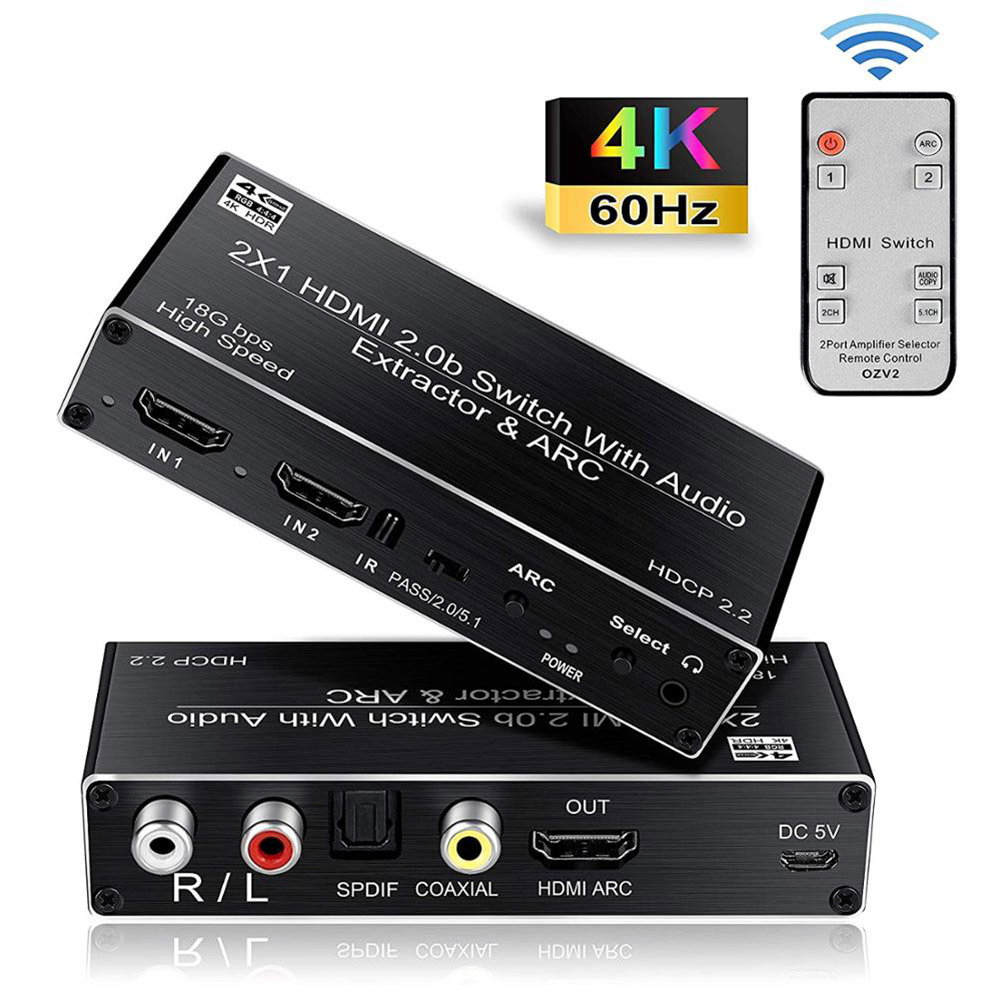 2x1 HDMI Switch 4k@60Hz ARC , 2 in 1 Out HDMI2.0b Switcher with Optical & Coaxial & R/L & 3.5mm Stereo Audio Out, HDMI Audio 