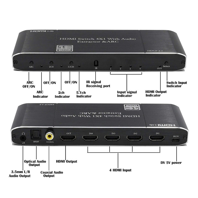 4K 60Hz HDMI 2.0 Switch 4 in 1 out ARC with SPDIF/Coaxial/3.5mm Audio HDCP2.2 Compatible with HDTV PS4 Xbox