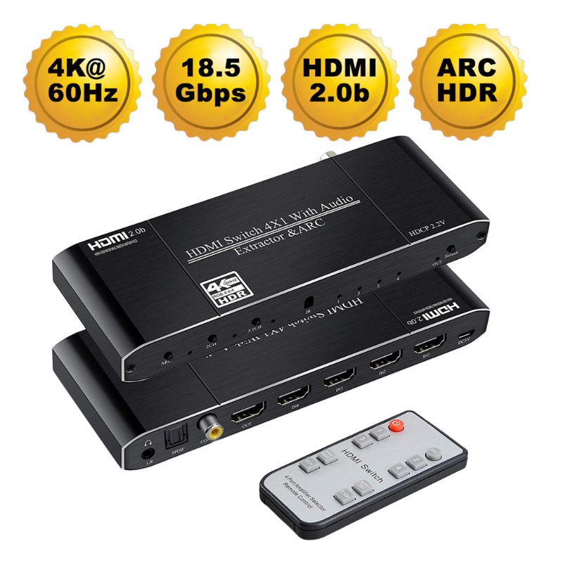 4K 60Hz HDMI 2.0 Switch 4 in 1 out ARC with SPDIF/Coaxial/3.5mm Audio HDCP2.2 Compatible with HDTV PS4 Xbox