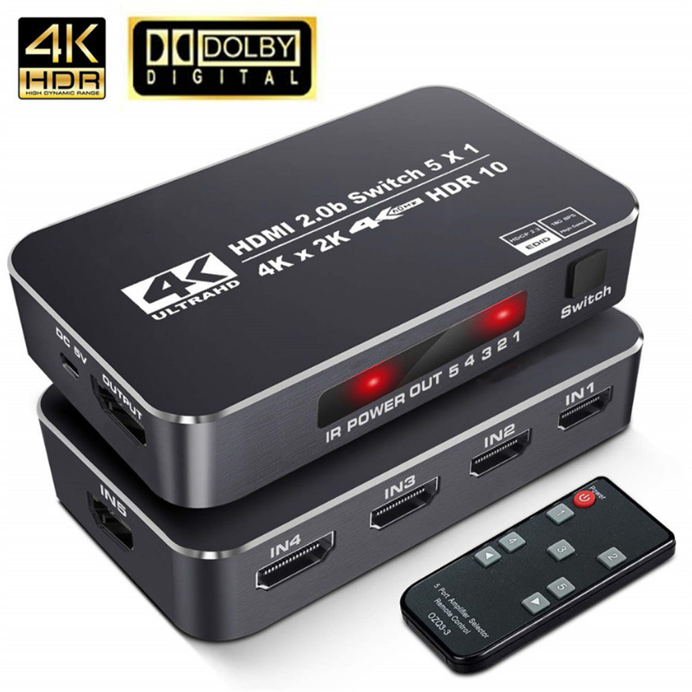 4K@60Hz HDMI2.0 Switch Adapter 5x1 HDMI 5 in 1 out Switcher HDCP2.2 & IR Control For Nintend PS3 PS4 Computer TV