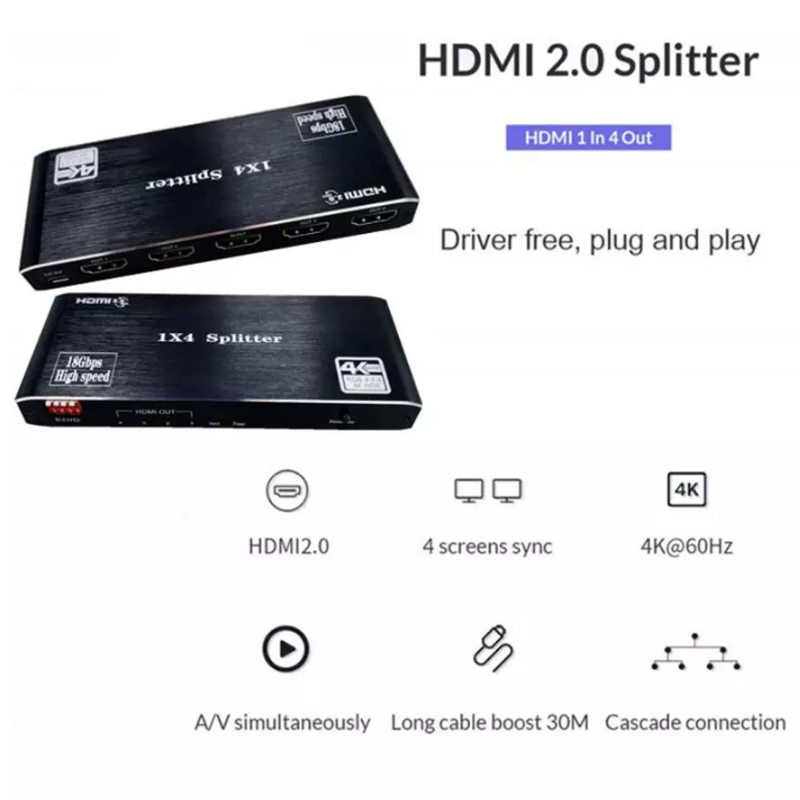 1x4 HDMI 2.0 Splitter 4K 4 Way HDMI Divisor Splitter 1 in 4 out HDMI2.0, HDCP2.2 4Kx2K@60Hz with EDID Switches
