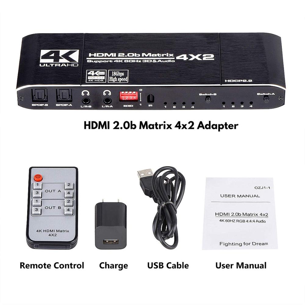 18 Gbps HDMI 2.0 Matrix 4x2 4K@60Hz HDMI Switcher Splitter with SPDIF and L/R 3.5mm HDR HDMI Switch 4x2 Support HDCP 2.2 3D