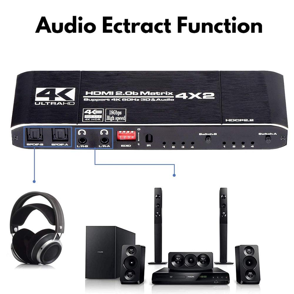 18 Gbps HDMI 2.0 Matrix 4x2 4K@60Hz HDMI Switcher Splitter with SPDIF and L/R 3.5mm HDR HDMI Switch 4x2 Support HDCP 2.2 3D