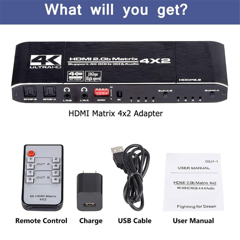 HDMI 2.0 Matrix 4x2 4K @ 60Hz HDR HDCP2.2 Switch Splitter 4 in 2 out YUV 4：4：4 Optical SPDIF + 3.5mm jack Audio Extractor HDMI Switcher