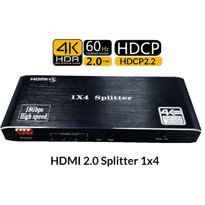 1x4 HDMI 2.0 Splitter 4K 4 Way HDMI Divisor Splitter 1 in 4 out HDMI2.0, HDCP2.2 4Kx2K@60Hz with EDID Switches