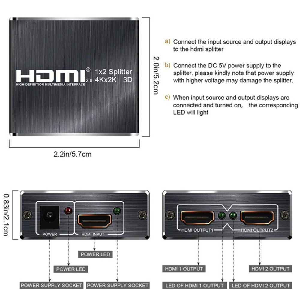 4K 60Hz HDMI 2.0 Splitter 1 in 2 out 1x2 Splitter HDMI2.0 4K Support HDCP 1.4 UHD HDMI Splitter 2.0 Switch Box For PS4 Projector