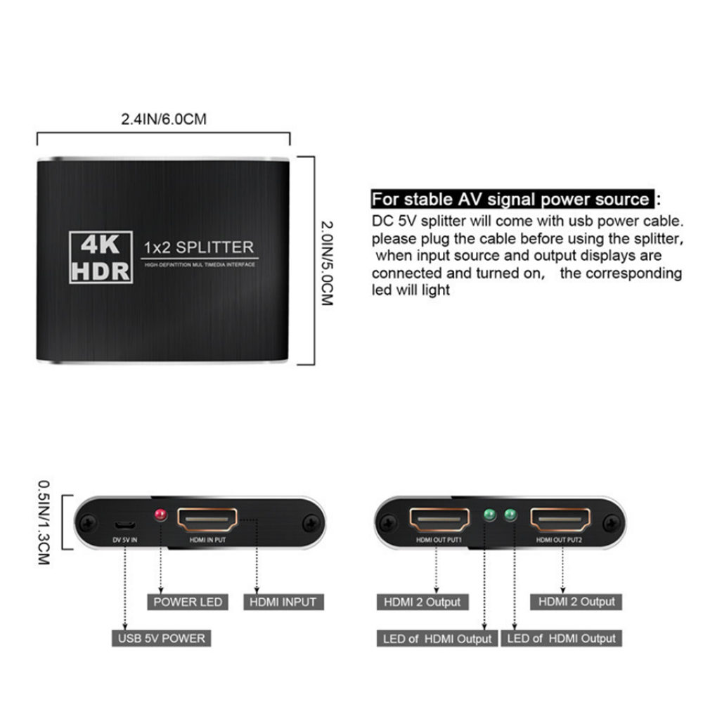 HDMI Splitter 1X2 HDR 4K Full HD Video HDMI to HDMI Switch Adapter 1 in 2 Out Amplifier For TV DVD PS3 Xbox