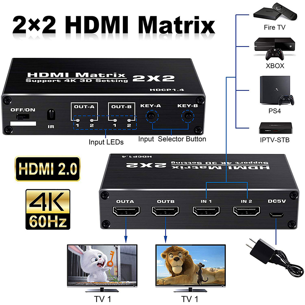 HDMI Matrix 2x2 4K 60Hz HDMI Switch Splitter for PS4 Xbox Apple TV Fire Stick Blu-Ray Player