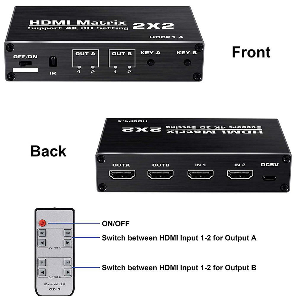 HDMI Matrix 2x2 4K 60Hz HDMI Switch Splitter for PS4 Xbox Apple TV Fire Stick Blu-Ray Player
