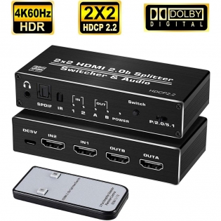 4K HDMI 2.0 Switch 2 in 2 Out 4K@60hz, 2x2 HDMI Switcher Splitter with Optical Toslink SPDIF & 3.5mm Jack Audio Extractor