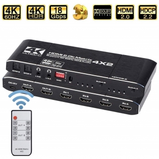 18 Gbps HDMI 2.0 Matrix 4x2 4K@60Hz HDMI Switcher Splitter with SPDIF and L/R 3.5mm HDR HDMI Switch 4x2 Support HDCP 2.2 3D