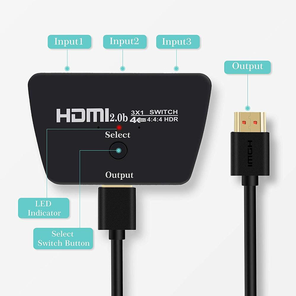 HDMI Switch 2.0 4K 60Hz HDR HDCP2.2 Switcher Adapter 3 In 1 Out for XBOX PS4 3 Smart Android HDTV