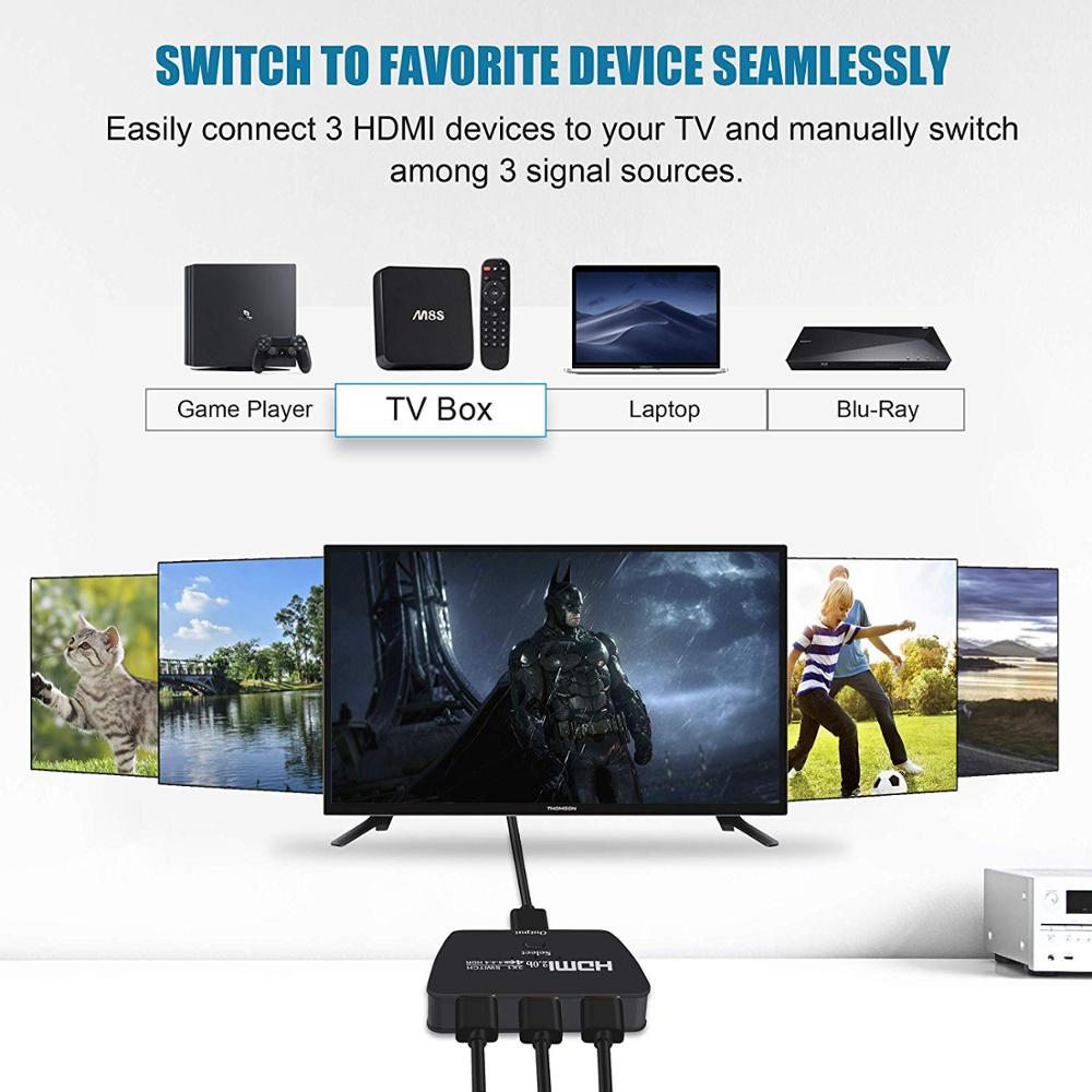 HDMI Switch 2.0 4K 60Hz HDR HDCP2.2 Switcher Adapter 3 In 1 Out for XBOX PS4 3 Smart Android HDTV