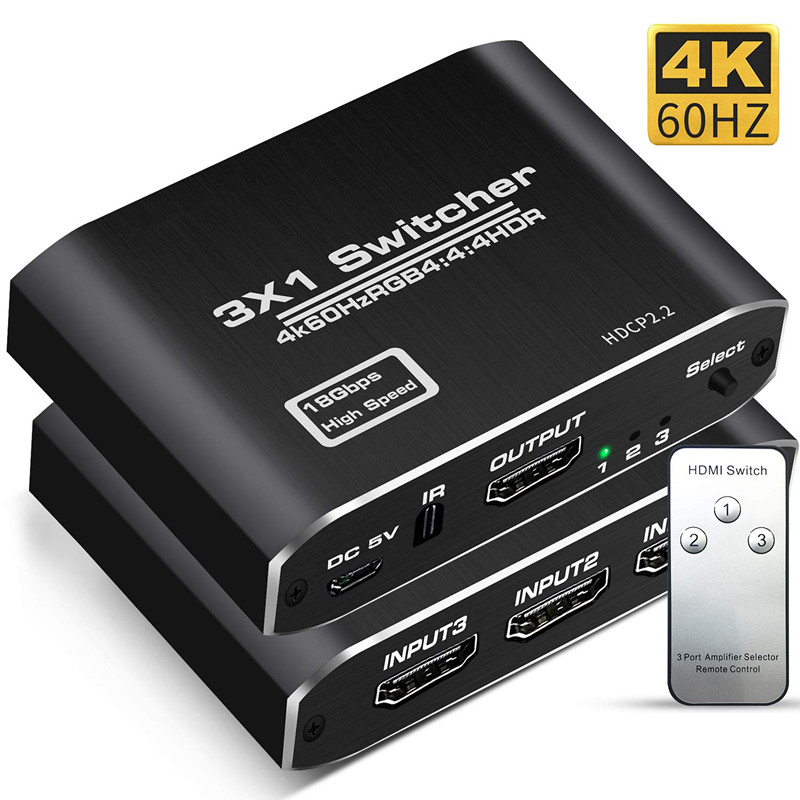 4K@60Hz 3 in 1 out HDMI 2.0 HDCP2.2 Switcher 3 Port Hub Box Auto Switch with Remote Control for XBOX PS3 HDTV Projector