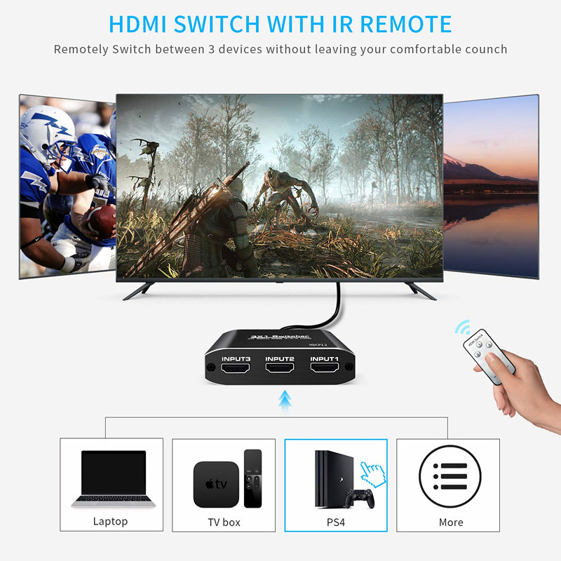 4K@60Hz 3 in 1 out HDMI 2.0 HDCP2.2 Switcher 3 Port Hub Box Auto Switch with Remote Control for XBOX PS3 HDTV Projector