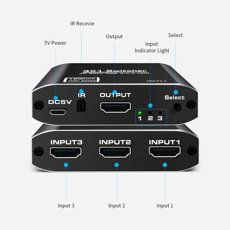 4K@60Hz 3 in 1 out HDMI 2.0 HDCP2.2 Switcher 3 Port Hub Box Auto Switch with Remote Control for XBOX PS3 HDTV Projector