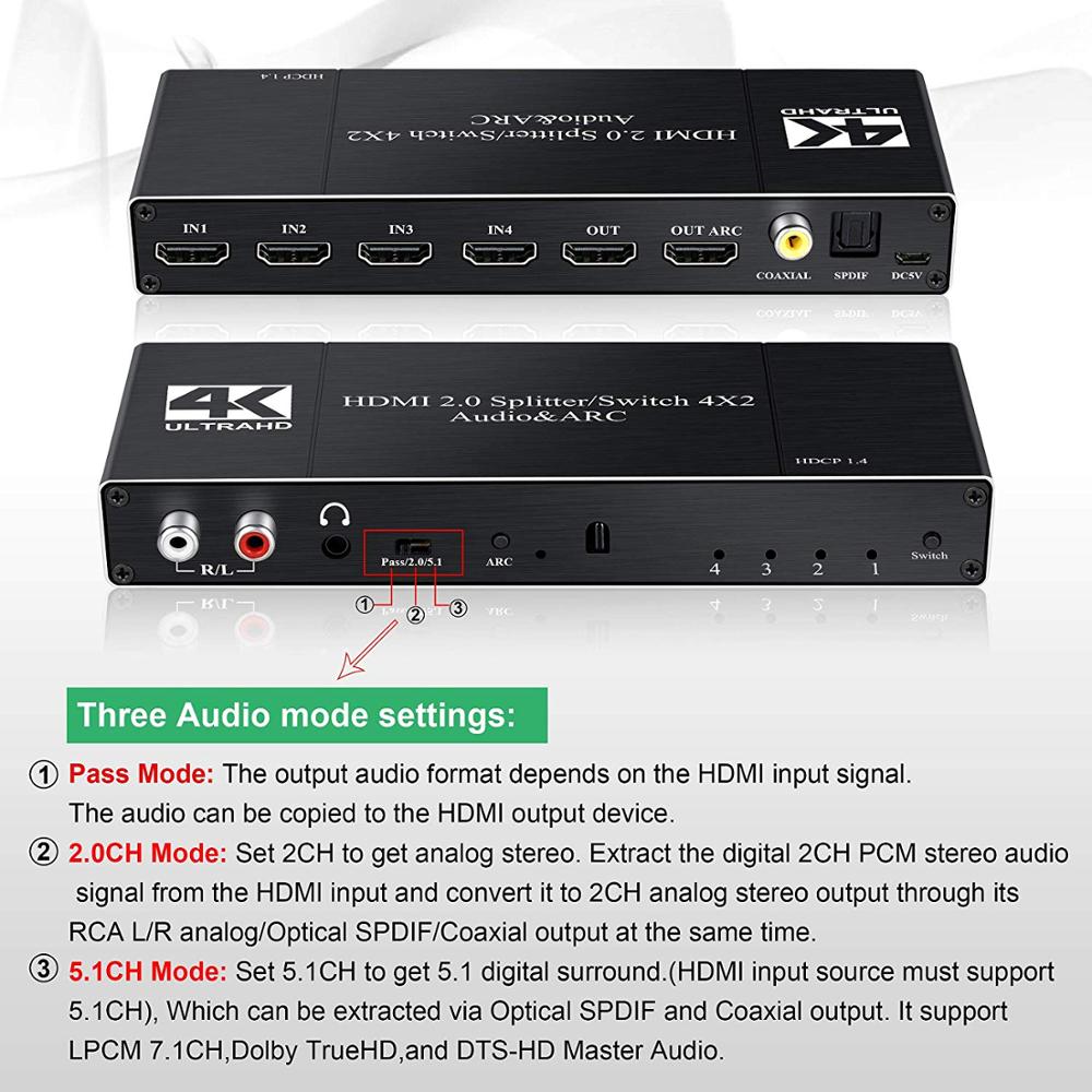 4x2 HDMI2.0 Audio & ARC Switch 4 in 2 out HDMI Switcher Splitter Hub with 3.5mm L/R Coaxial Optical Port 4K@60Hz Full HD 3D 