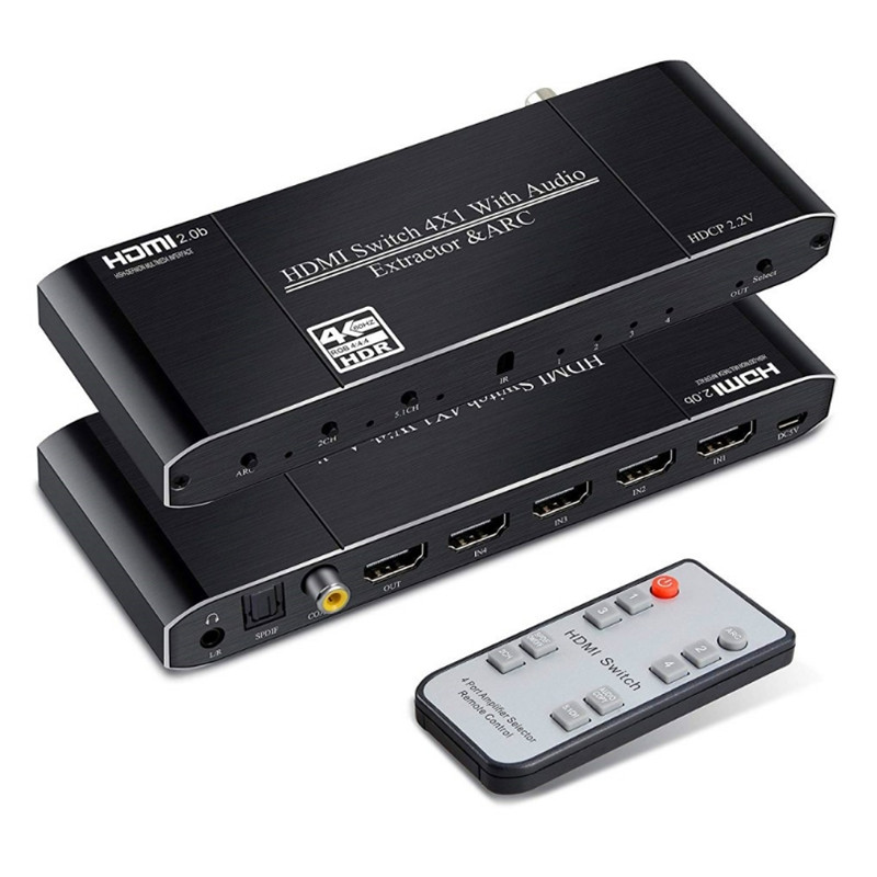 4K 60Hz HDMI 2.0 Switch 4 in 1 out ARC with SPDIF/Coaxial/3.5mm Audio HDCP2.2 Compatible with HDTV PS4 Xbox