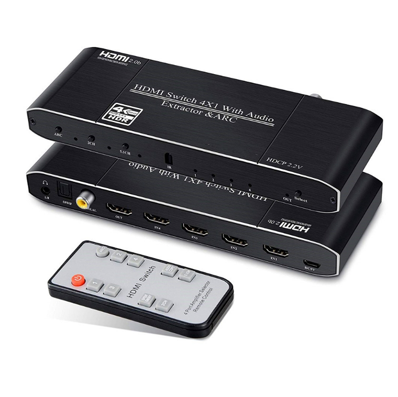 4K 60Hz HDMI 2.0 Switch 4 in 1 out ARC with SPDIF/Coaxial/3.5mm Audio HDCP2.2 Compatible with HDTV PS4 Xbox