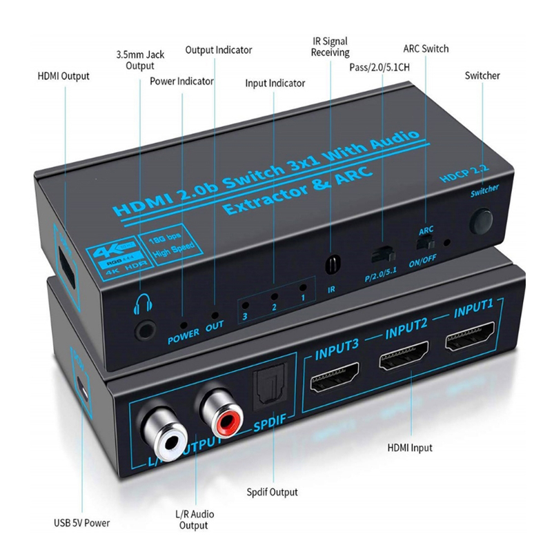 High Quality HDMI 2.0 Switch HDMI Switch 3 in 1 out With Audio Extractor