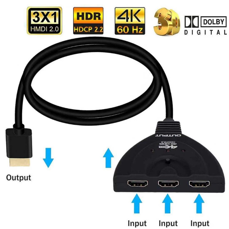 Mini 3 Port HDMI Splitter Adapter Cable 1.4b 4K*2K 1080P Switcher HDMI Switch 3 in 1 out Port Hub for HDTV Xbox PS3  DVD HDTV