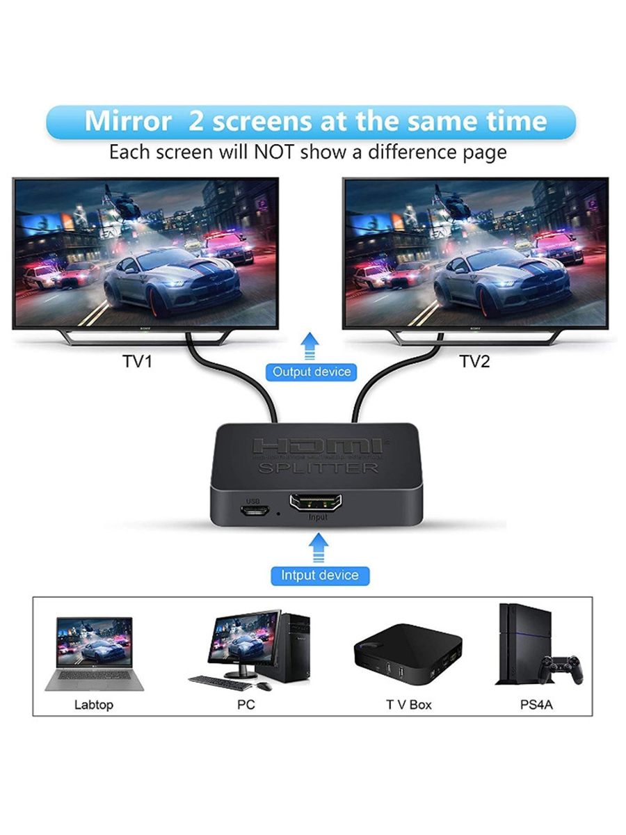 Mini HDMI 2.0 Splitter 1 in 2 out 4K60Hz Splitter 4K Ultra HD Resolution with Scaler